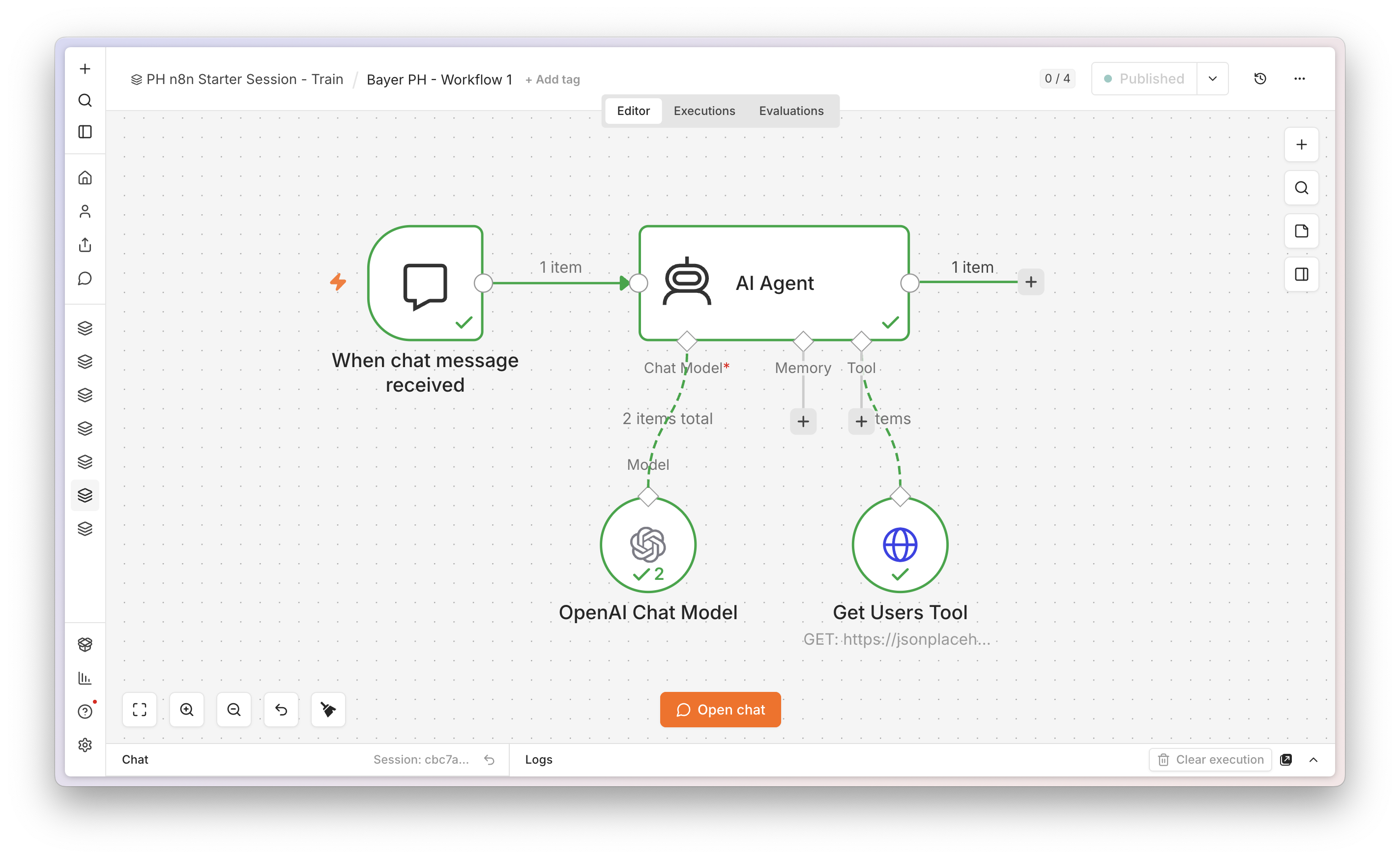 Workflow 1 canvas - Chat Trigger, AI Agent, OpenAI Chat Model, and Get Users Tool